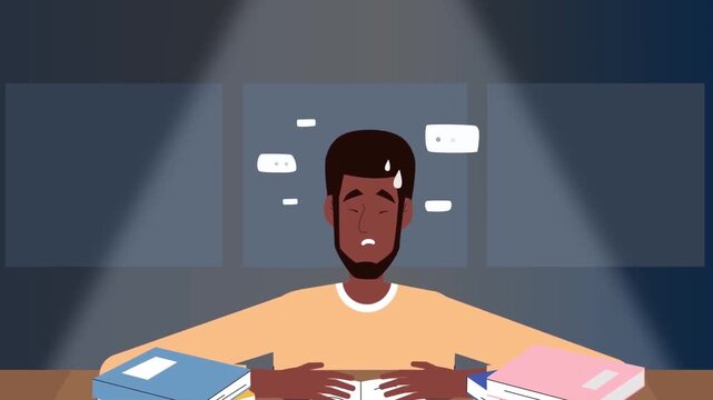 2D animation of a stressed worried young man holding head studying for exam with books at desk late at night indoor