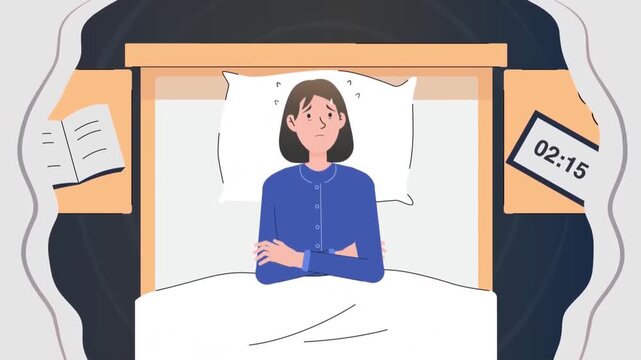 2D animation of an insomniac woman lying awake in bed under blanket looking at digital clock late at night concept