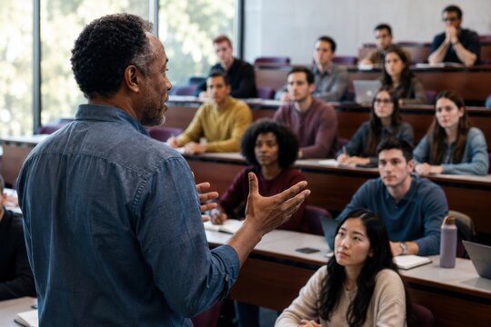 Engaging university lecture with diverse students in modern classroom setting
