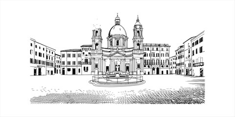 Sketch of a grand baroque church with a dome and towers in a european city square with surrounding buildings and a fountain Vector, illustration © Pabon Art Gallery