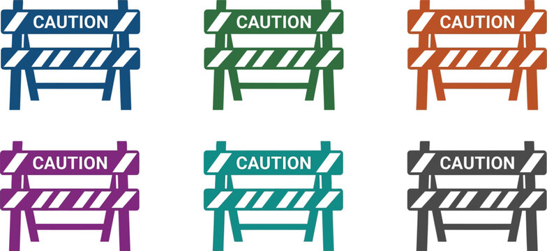 Set of flat design caution barriers in various colors vector illustration for safety warnings road work and restricted area signage isolated on white background