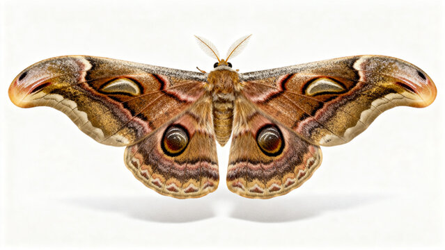 Beautiful giant atlas moth (attacus atlas) with open wings isolated on a clean white background. Perfect for nature and entomology concepts.