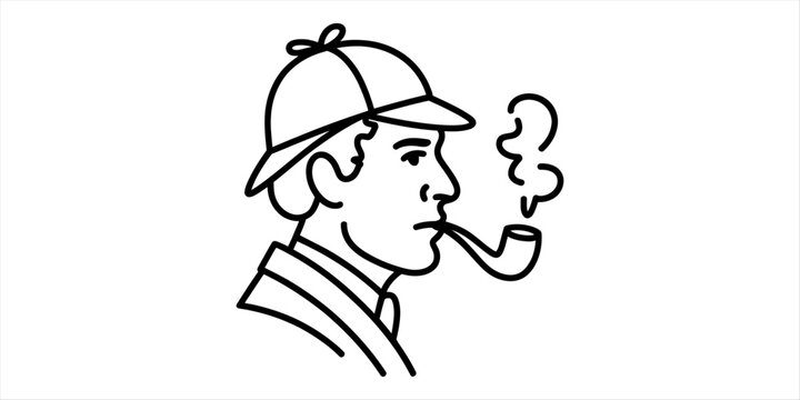 Man wearing a deerstalker hat smoking a pipe, line art illustration Vector, illustration