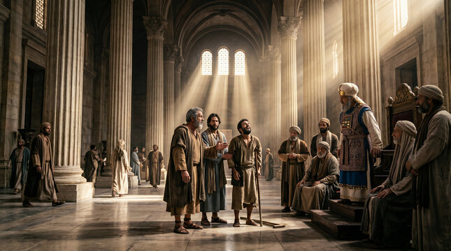 Apostle Peter and John standing before high priest and sadducee in temple during biblical interrogation. Witnessing miracle of healing. Historical christian scene from Acts chapter
