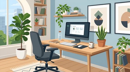Fototapeta premium Cozy Home Office with Computer, Plants, and Natural Light
