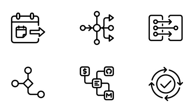 Process Flow Icons Set, Workflow Diagrams, Business Strategy Icons, Project Management Symbols, Decision Tree Graphics, Workflow Planning Icons