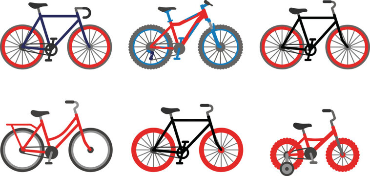 Bicycle Collection Icon Set Featuring City Bikes Mountain Bicycles Road Bikes and Childrens Training Wheel Trike Symbols for Eco Transportation Designs