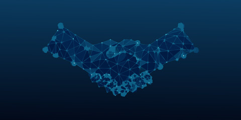low poly wireframe handshake in blue gradient low poly polygonal mesh digital connection © Dayal