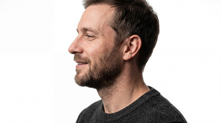 Fototapeta premium Side Profile of a Happy Caucasian Man in His 40s with Stubble Beard, Smiling and Looking Away Isolated on a Pure White Studio Background