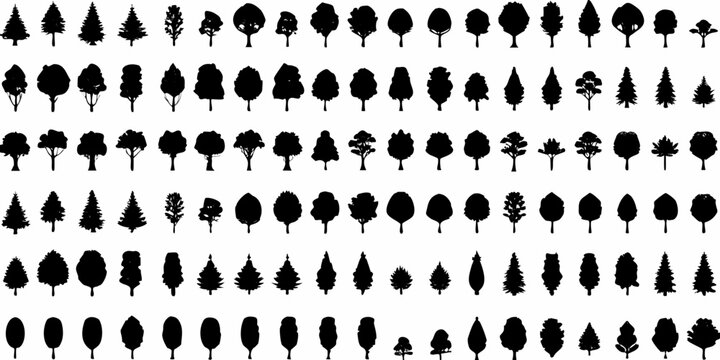 a systematic grid of black tree silhouettes displayed on white background silhouette