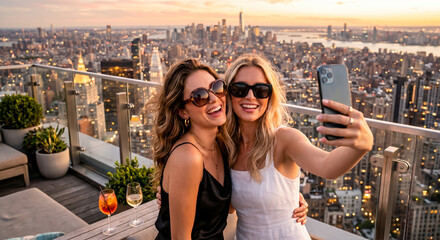 Obraz premium Two smiling women take a selfie on a rooftop terrace with a city skyline in the background during sunset.