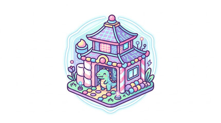Obraz premium Cute Dinosaur Inside a Pastel Pagoda Building Illustration.