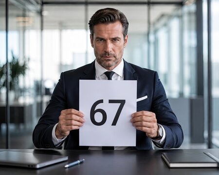 Businessman holding number 67 sign in modern office setting