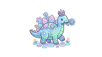 Cute Kawaii Dinosaur Princess with Crown and Flowers. © Akkun