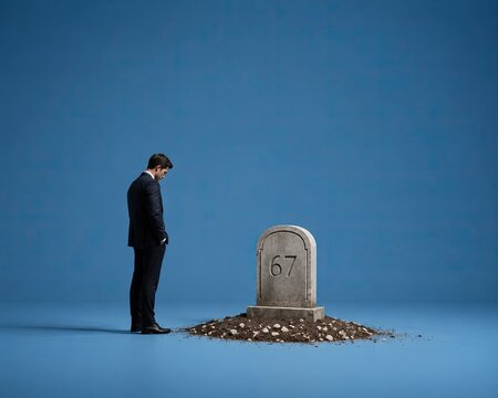 Man in formal attire standing thoughtfully by a numbered tombstone against a blue background