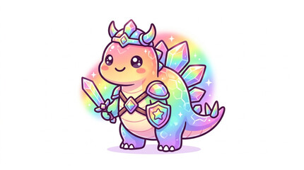 Cute Rainbow Stegosaurus Warrior Holding Sword and Shield. © Akkun