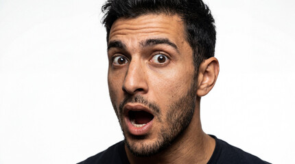 Obraz premium Portrait of a Young Man with a Shocked Expression, Mouth Wide Open and Eyes Large in Disbelief, Isolated on a Clean White Background Studio Shot.
