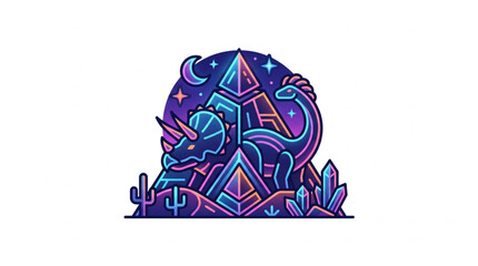 Dinosaur and geometric shapes in a cosmic landscape. © Akkun