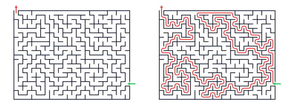 Two rectangular labyrinth puzzles in flat vector style with black white and red colors representing strategic navigation and achievement Set0106-1 [with copy space]
