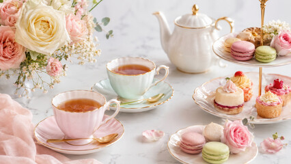 Fototapeta premium Afternoon tea pastel teacup floral dessert macaron cupcake cake stand elegant table romantic setting afternoon tea scene with pastel teacup