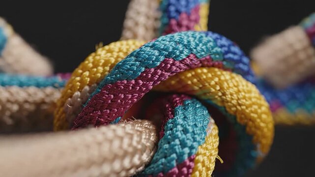 Macro shot of a colorful braided rope tied into a strong knot against a dark background