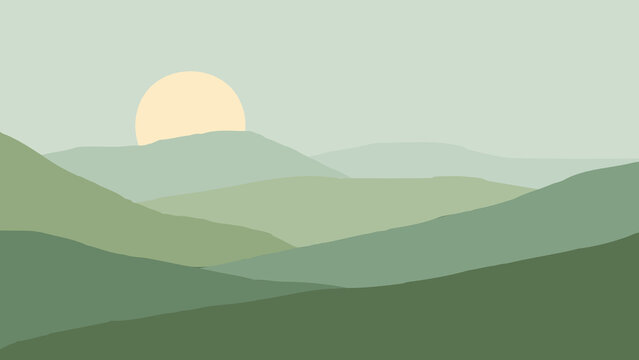 mountain sage green landscape with sun