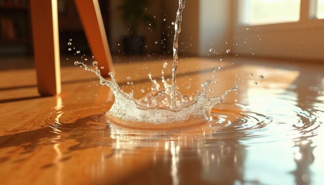 Water splashes on a shiny wooden floor near furniture legs. Liquid impact creates crown shape and droplets. Testing SPC vinyl plank durability against moisture and water damage in home.