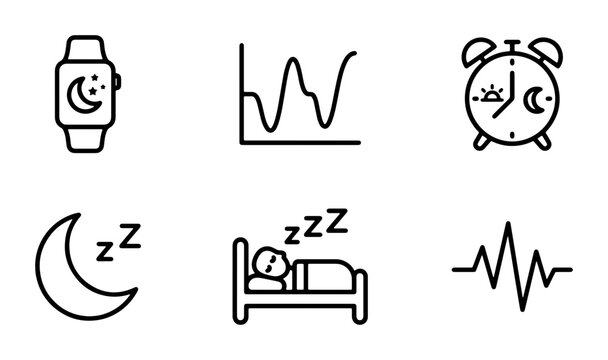 Sleep Tracking Icons, Moon and Stars Smartwatch, Heartbeat Monitor, Zzz Bed Illustration, Sleep Cycle Graph, Alarm Clock Vector Set