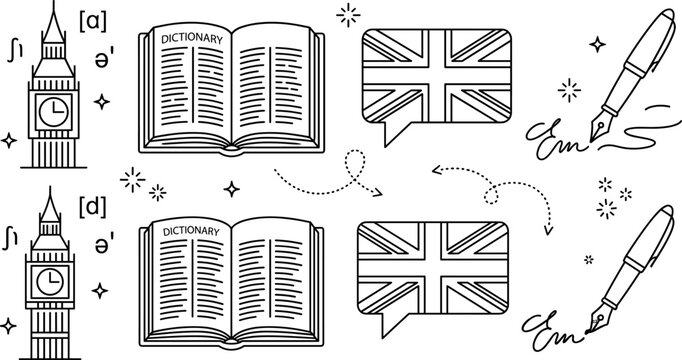 English Language Learning Icon Set with UK Flag Dictionary Big Ben and Fountain Pen Vector Designs