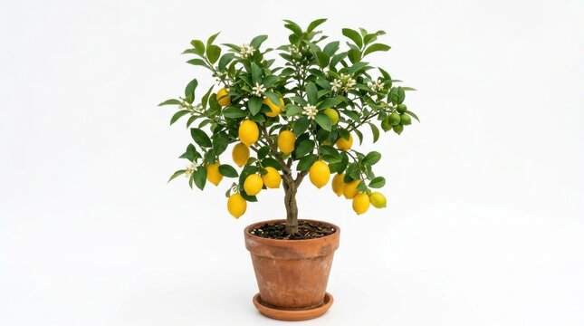 Potted lemon tree with ripe yellow fruit and green leaves, miniature citrus plant in terracotta clay pot, indoor gardening and home decor isolated PNG with Transparent Background