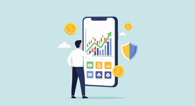 Man reviewing upward stock market graph on smartphone with protective shield and gold coins, concept for financial analysis, investment tracking and digital security services.