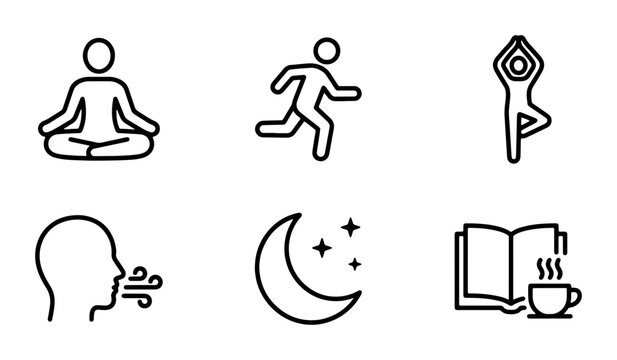 Wellness Icons Set, Health and Lifestyle Symbols, Meditation, Running, Yoga, Breathing, Sleep, Reading, Vector Graphics for Wellbeing Concepts