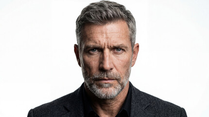 Obraz premium Portrait of a Mature Confident Man with Grey Salt and Pepper Hair and Beard in Charcoal Blazer, Serious Expression, Studio Headshot on White Background