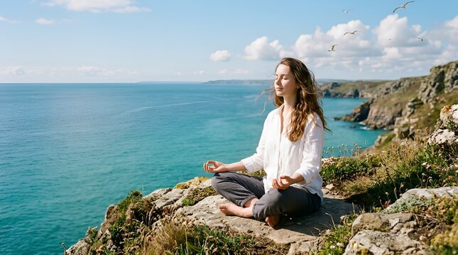 Woman Meditating on Cliff Overlooking Ocean, Serene Mindfulness in Nature