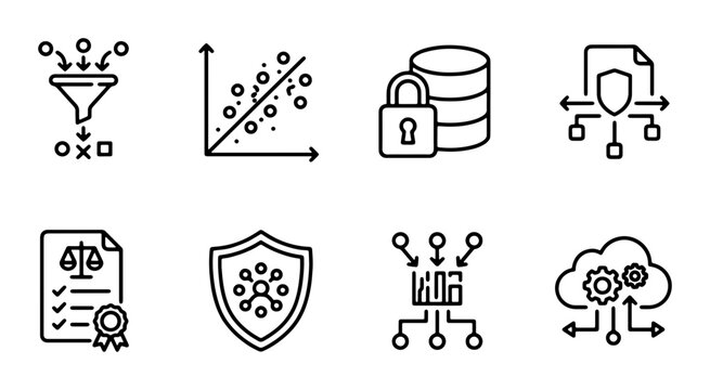 Data Security and Analysis Icons Set: Protection, Algorithm, Cloud Computing, Legal Compliance, Network Security, Scatter Plot, Filter Funnel