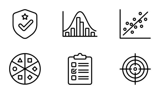 Data Analysis Icons Set, Statistical Charts and Graphs, Business Performance Metrics, Research and Development Symbols, Vector Graphics Collection