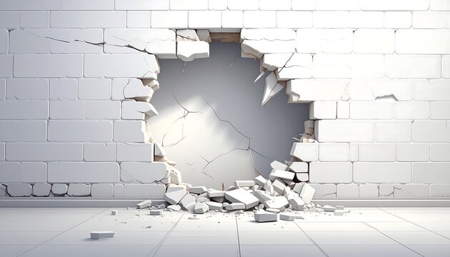 A white brick wall with a large hole. Debris is scattered around the hole and on the floor. Light casts shadows