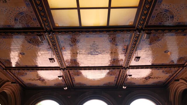 New York City Central Park Bethesda Terrace celling in United States. Arches architecture in NYC Manhattan Midtown, USA. American historic monument near fountain