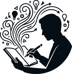 Silhouette of a man writing in a notebook with creative thought symbols around him © NurA