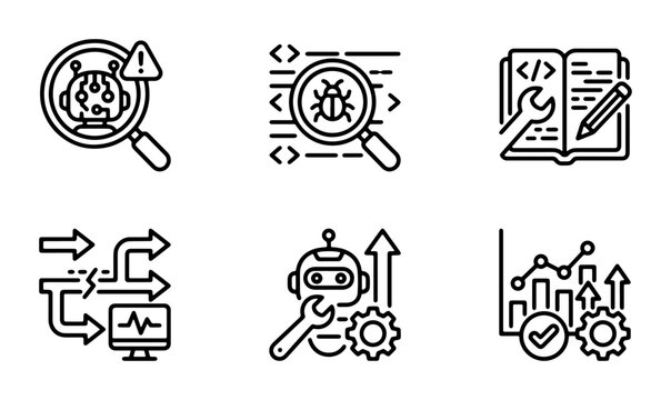 Software Development Icons: Bug Fixing, Coding, Data Analysis, Workflow Automation, AI Robot Maintenance, and Performance Metrics, Vector Set