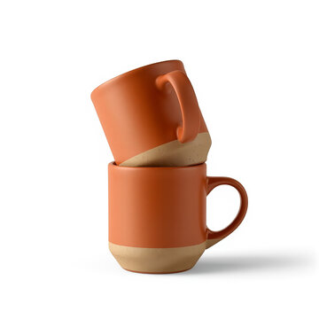 Stackable matte burnt orange ceramic coffee mugs isolated on white background, unbranded front 3/4 angle tableware packaging mockup