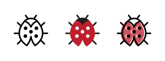 Three cute ladybug icons displayed in linear red and pink flat graphic vector art style © mr fida 