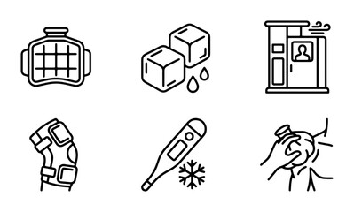 Medical Icons Set: Cold Therapy, Heat Pack, Ice Cubes, Thermometer, Knee Brace, Cryotherapy Chamber, Injury Treatment, Health Care Vector Graphics © Rida