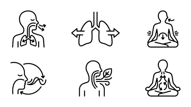Breathing Exercise Icons, Respiratory System Health, Meditation and Yoga Poses, Deep Breath and Airflow Symbols, Medical and Wellness Vector Graphics