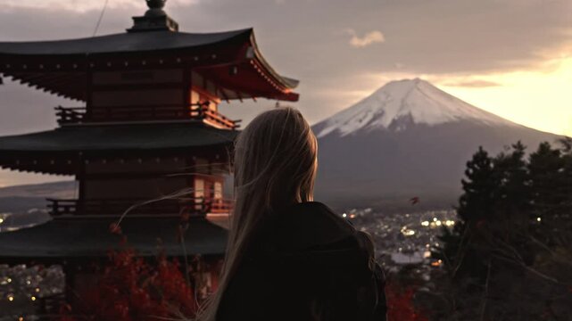 Back view of a blonde woman standing at Arakura Sengen shrine looking at the iconic Chureito Pagoda and Mount Fuji with autumn leaves and city lights at sunset in Japan