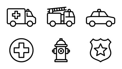 Emergency Services Icons Set: Ambulance, Fire Truck, Police Car, Medical Cross, Hydrant, Badge. Vector Graphics for Safety and Rescue Concepts. © Nasima