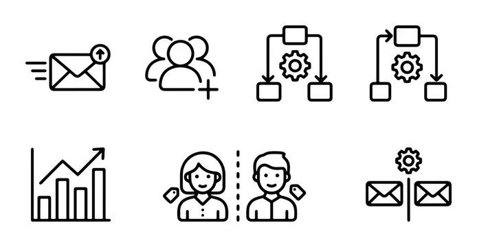 Email Marketing Icons Set, Business Process Flowcharts, Teamwork, Analytics Graph, User Profiles, Communication Icons, Vector Graphics for Digital Strategy