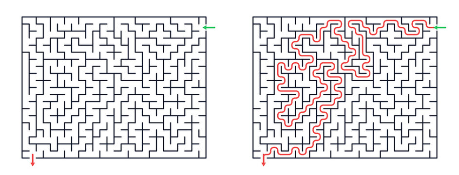 Two rectangular labyrinth puzzles in flat vector style with black white and red colors representing strategic navigation and achievement Set 0106-4 [with copy space]
