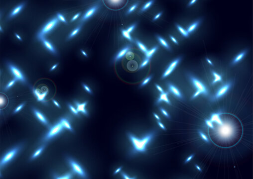 Abstract vector background with glowing blue lens flares, bright light sparks, and blurred bokeh particles on a dark backdrop for futuristic sci-fi or tech design