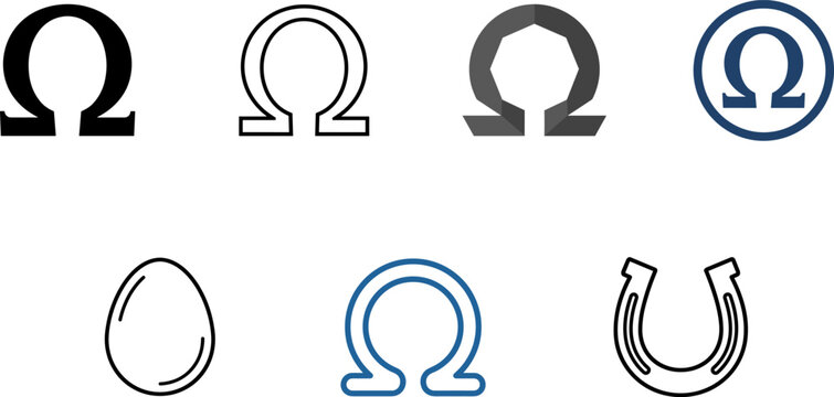 Omega Greek Letter Icon Set with Horseshoe and Egg Symbol Variations for Science and Education Designs